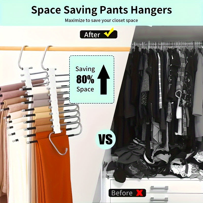 Stainless Steel 9-Tier Space-Saving Pants Hanger with Anti-Slip Coating and 5 Extra Hooks