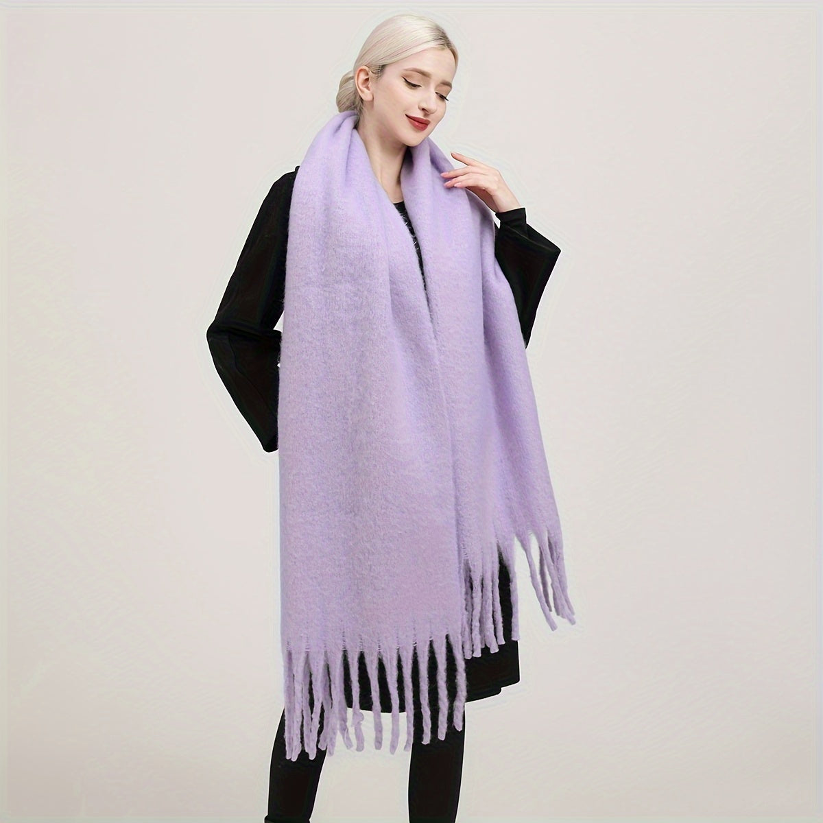 Women's Autumn Winter Solid Color Fringe Scarf Soft Windproof Large Shawl