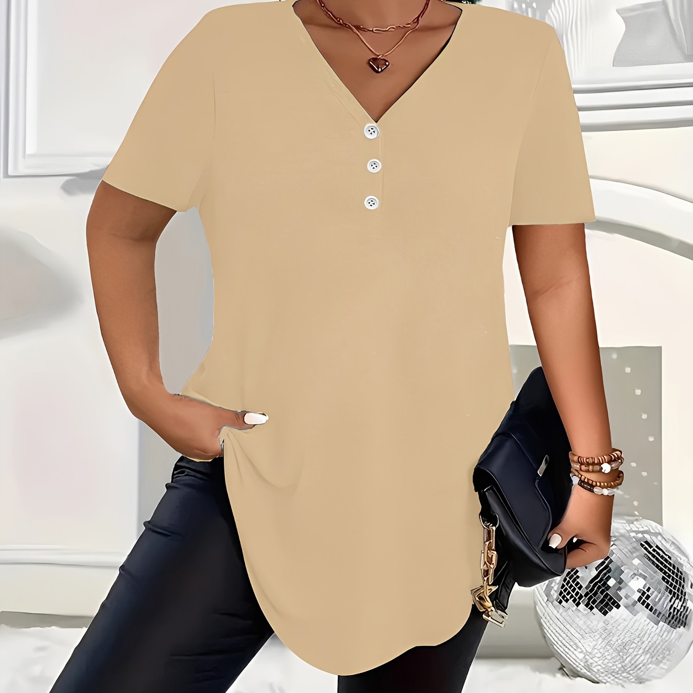 Plus o'lcham ayollar uchun bir rangli qisqa sleeve ko'ylagi elegant elegant bluz