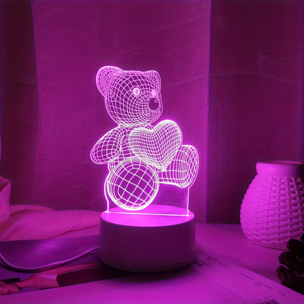 Luz nocturna de corazón rosa en 3D con oso, alimentada por USB, control con interruptor, decoración moderna para dormitorio