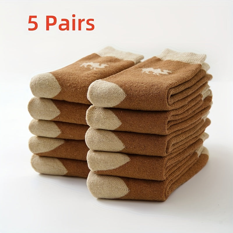 Men's Thermal Crew Socks 5 Pairs Cotton Blend Camel Pattern Warm Comfortable