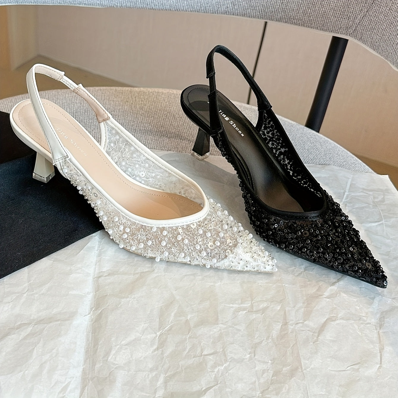Women's Sequin Beaded Pointed Toe Stiletto Heels Pumps with Back Strap