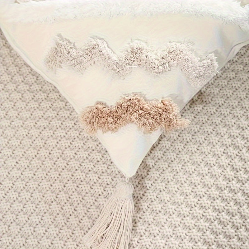 Beige Cotton Canvas Throw Pillow Cover with Tassels and Zip Closure