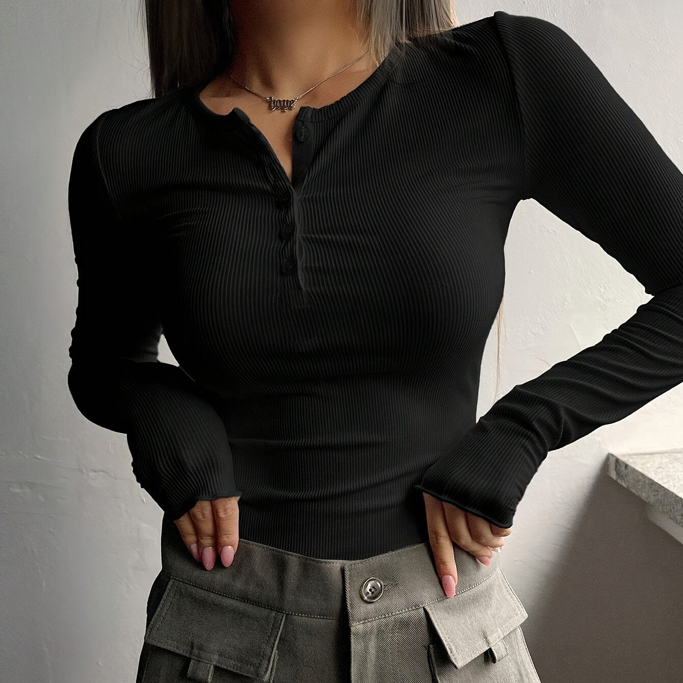 Women's Black Ribbed Knit T-Shirt with Half-Button Placket Slim Fit Spring Summer