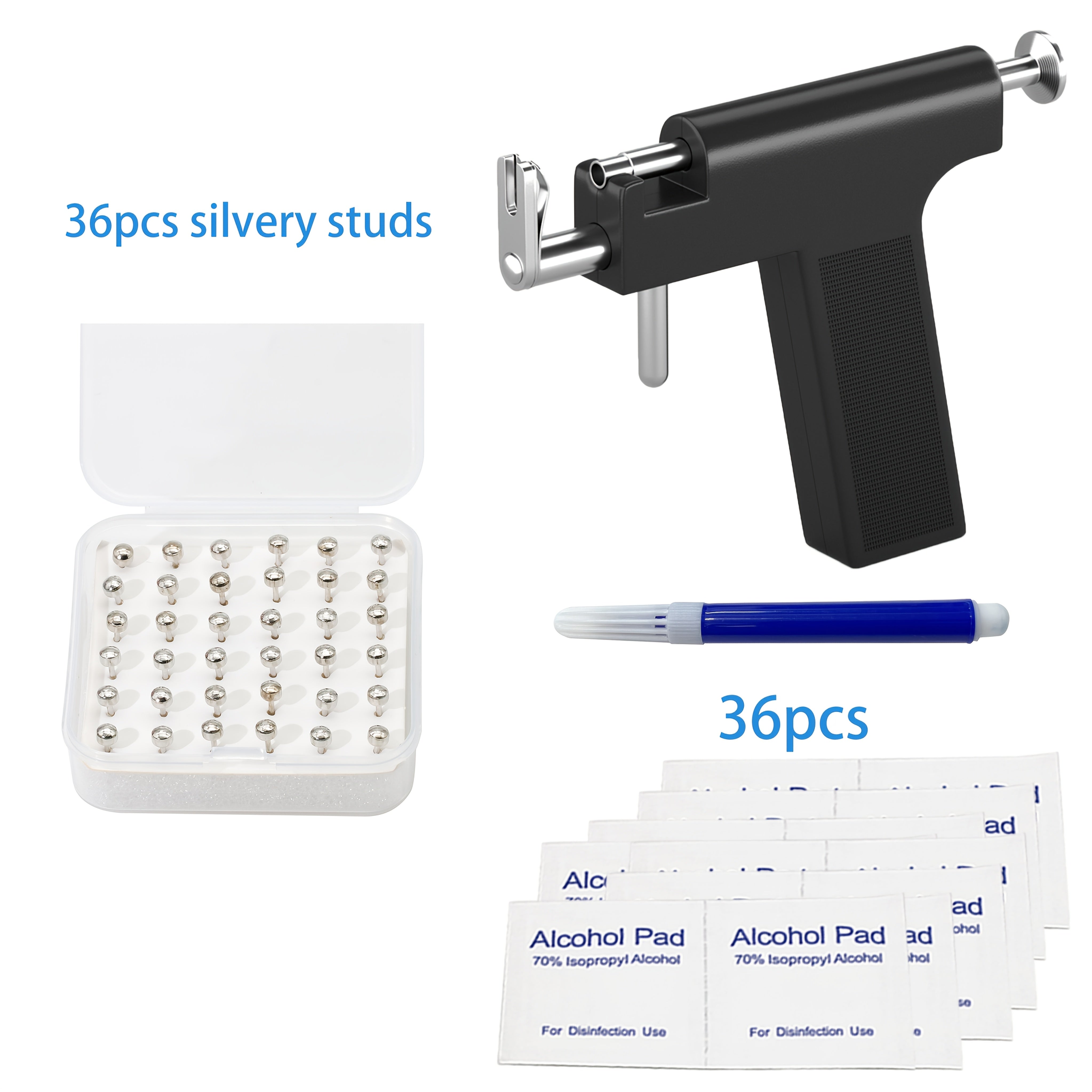 Kit de perforación de orejas con pistola reutilizable, pendientes hipoalergénicos, solución desinfectante