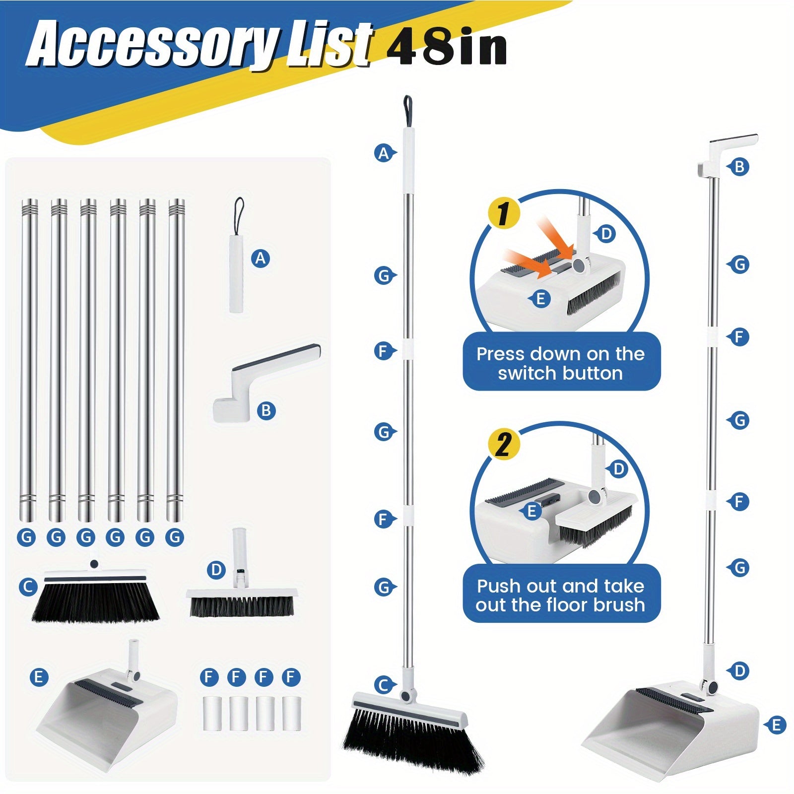 Uy, ofis, yotoqxona uchun uzoq tutqichli tozalash to'plami, changyutgich va cho'tka bilan to'liq polni tozalash to'plami