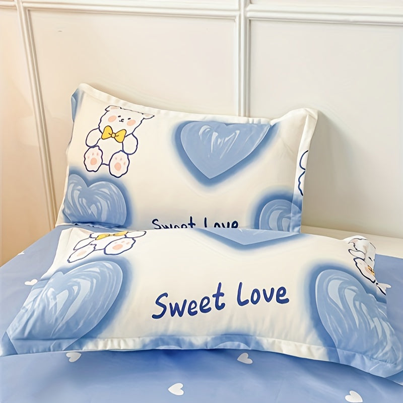 4PCS Cartoon Heart Bear Bedding Set Polyester Animal Theme All-Season Bed Linen
