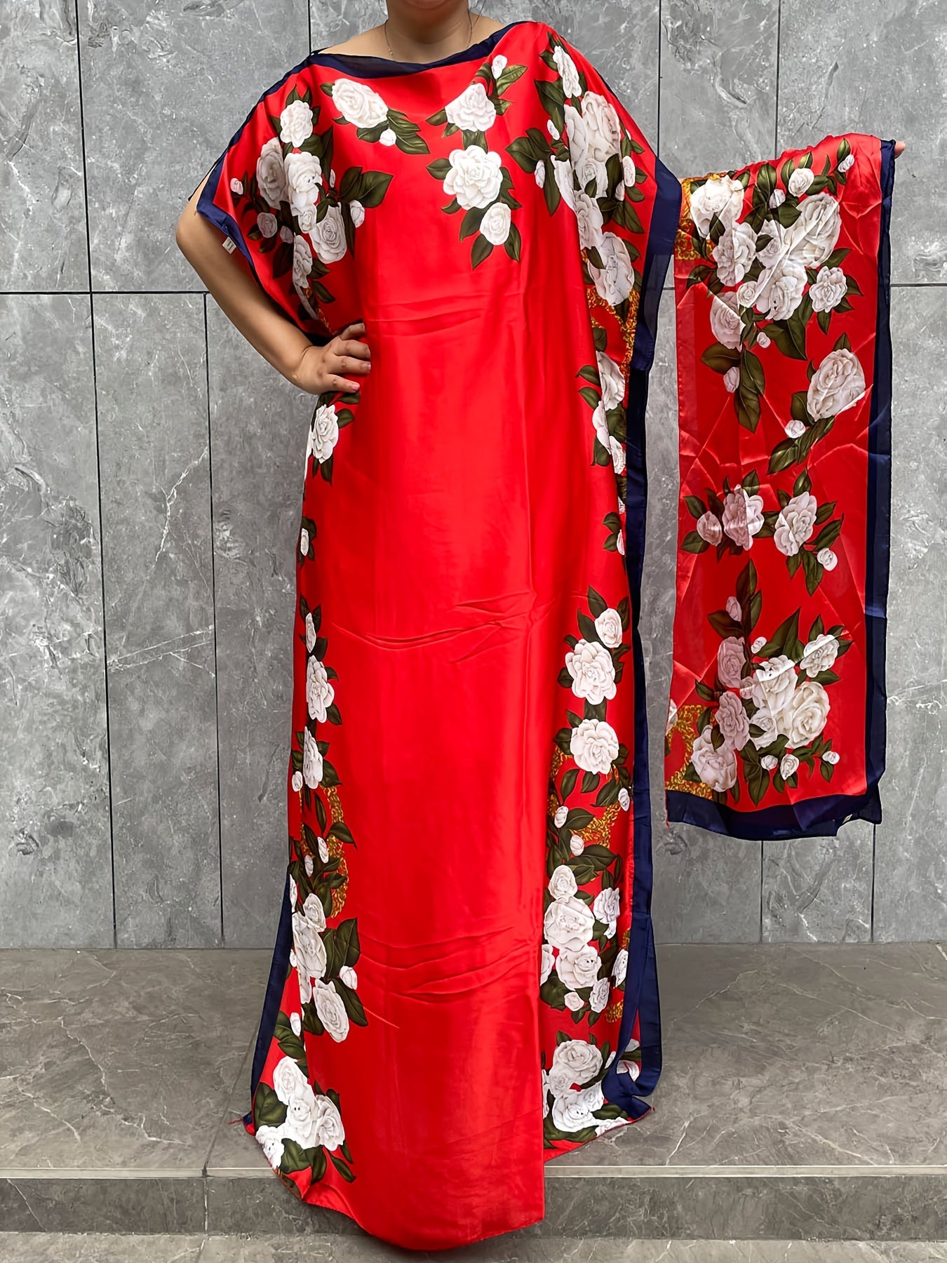 Plus Size Floral Tunic Dress Polyester Batwing Sleeves Party Wear