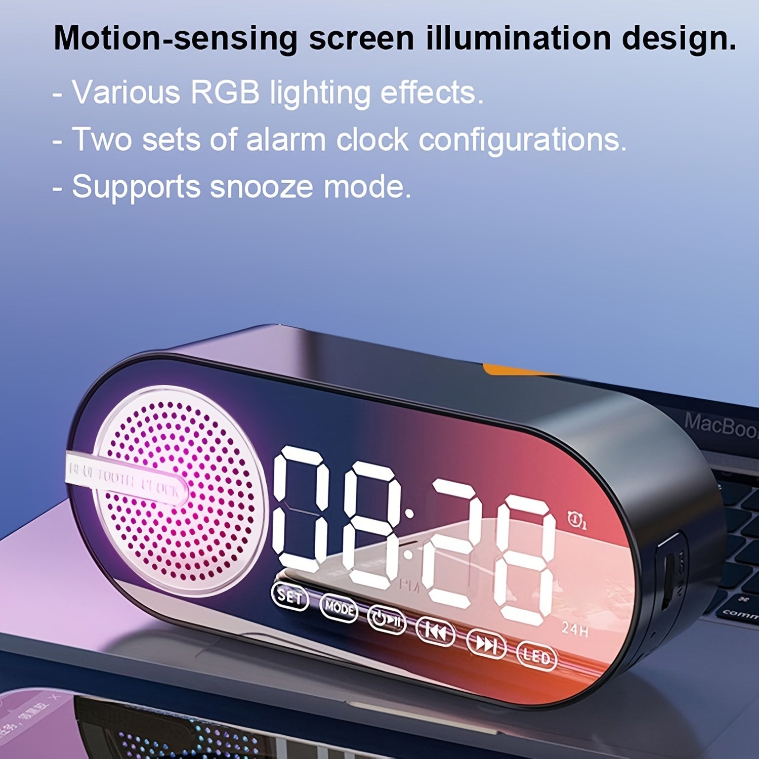 Беспроводная колонка с LED-зеркальным дисплеем, будильником, ярким атмосферным освещением, мощным басом, FM-радио, зарядкой через USB, одним динамиком, не водонепроницаемая, с перезаряжаемой батареей.