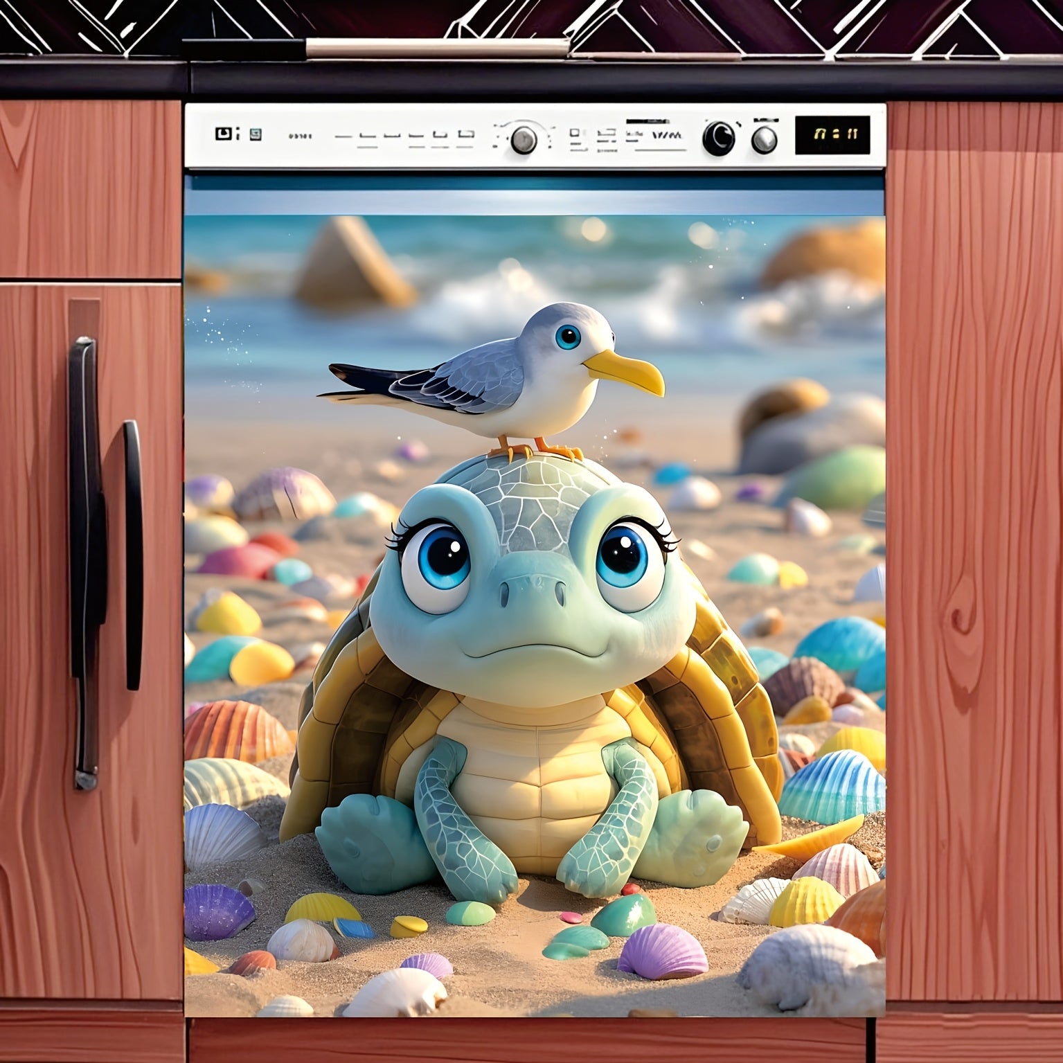 Magnetic Dishwasher Door Cover Cartoon Turtle and Seagull Beach Scene for Fridge and Washer