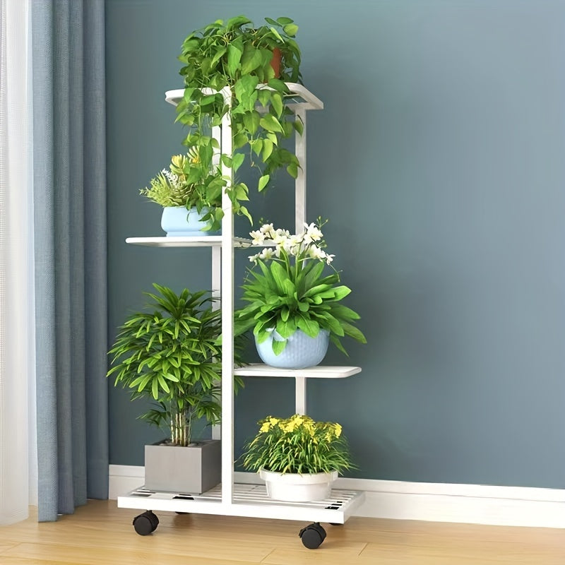 Soporte de flores de metal con ruedas para uso en interiores y exteriores, estante de varias alturas para plantas