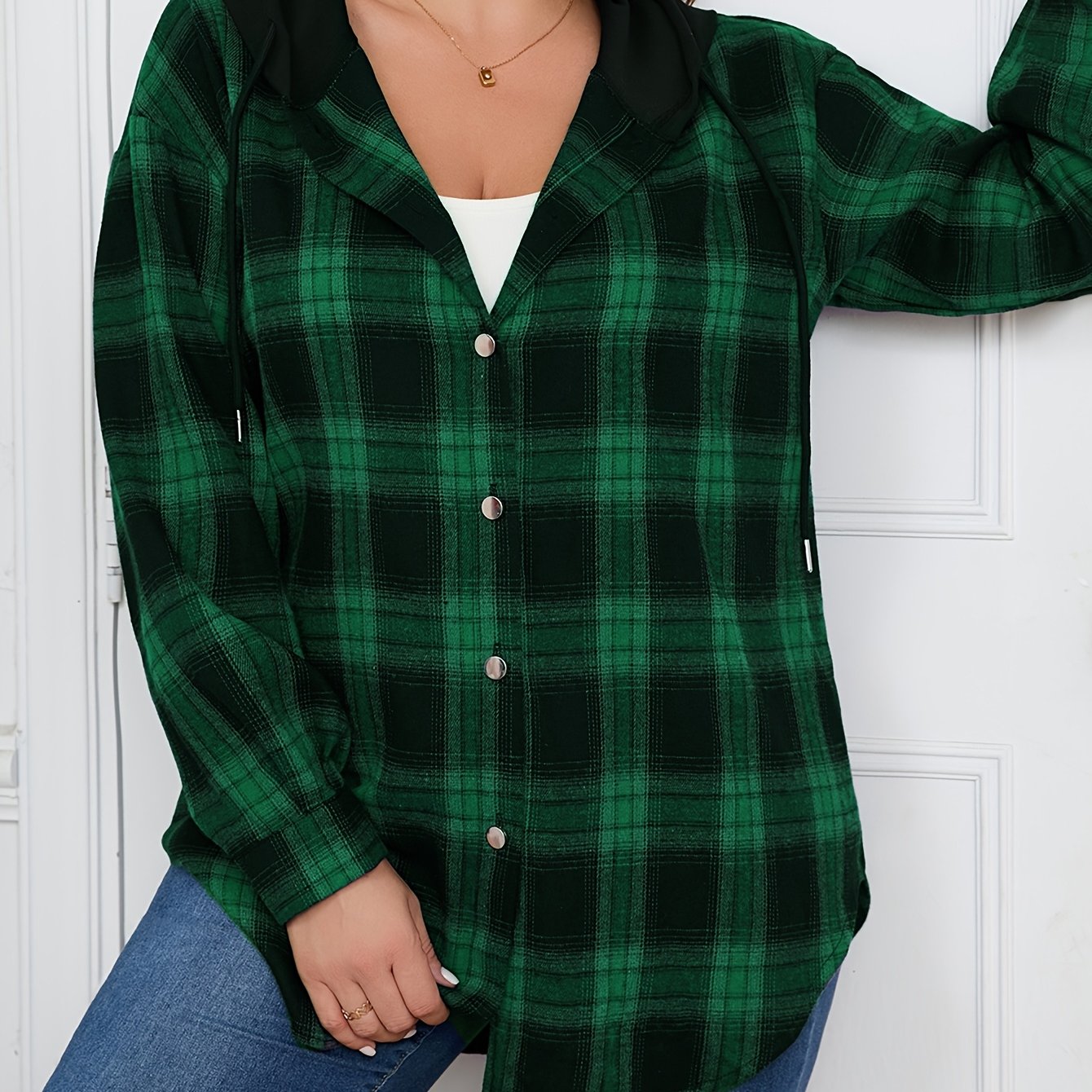Plus Size Womens Casual Plaid Hooded Shirt Long Sleeve Button Top