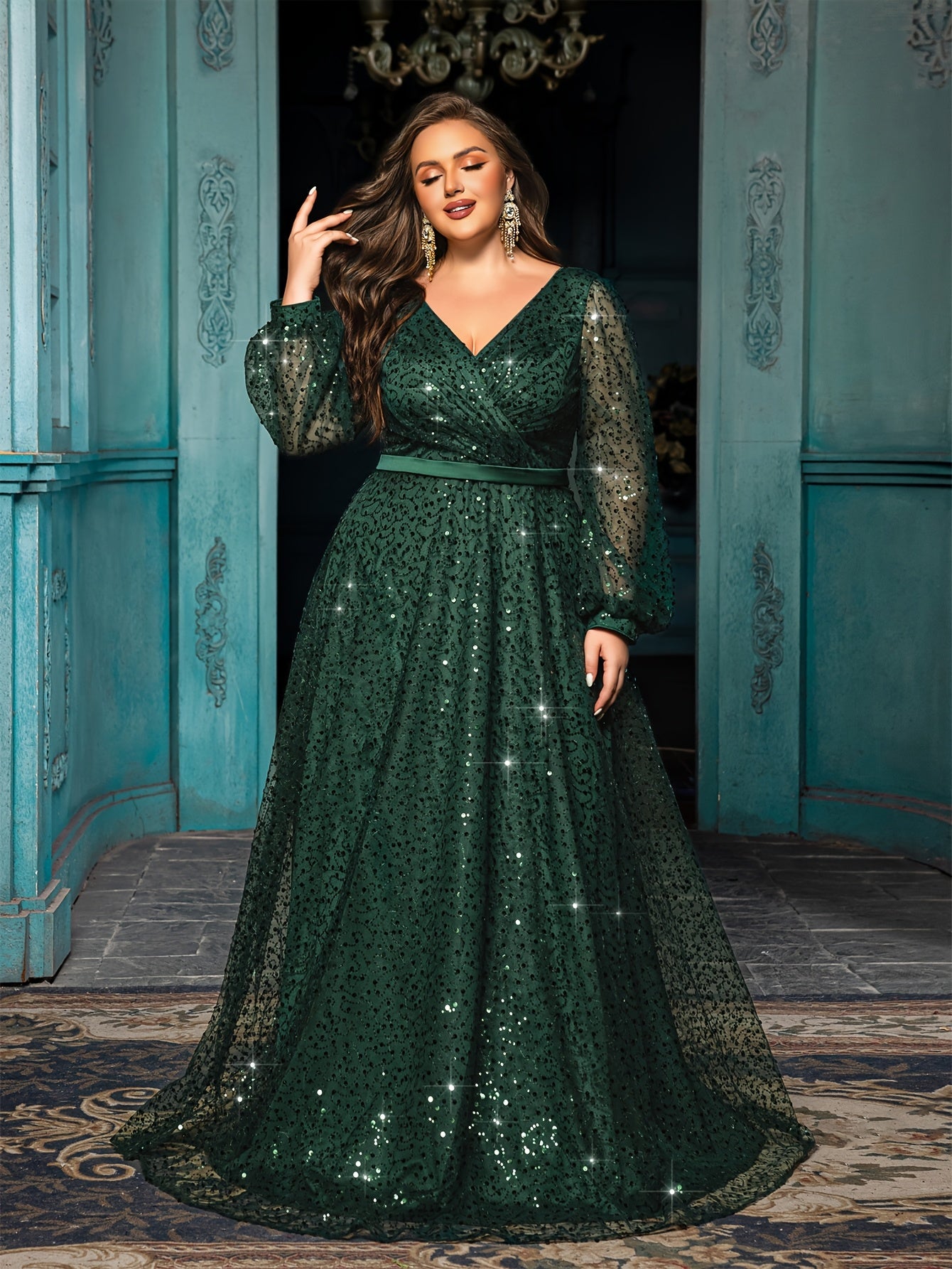 Women Emerald Green Sequin V-Neck Gown with Lantern Sleeves Formal Evening Dress