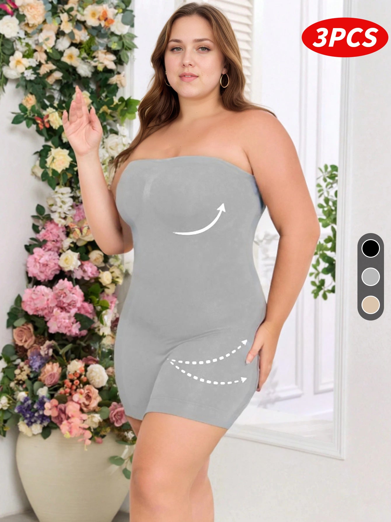 Plus Size Women's Seamless Shaping Rompers Black Gray Beige Tummy Control
