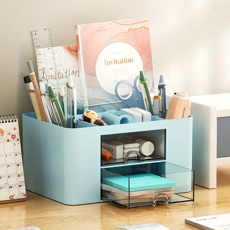 Multifunctional Desktop Organizer with Two Drawers for Office Supplies and Vanity Storage
