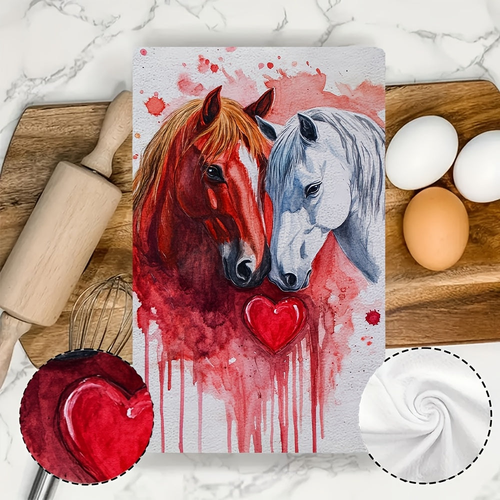 Pack de 2 toallas de cocina con motivo de San Valentín y caballos, suaves, absorbentes, 16x24 pulgadas