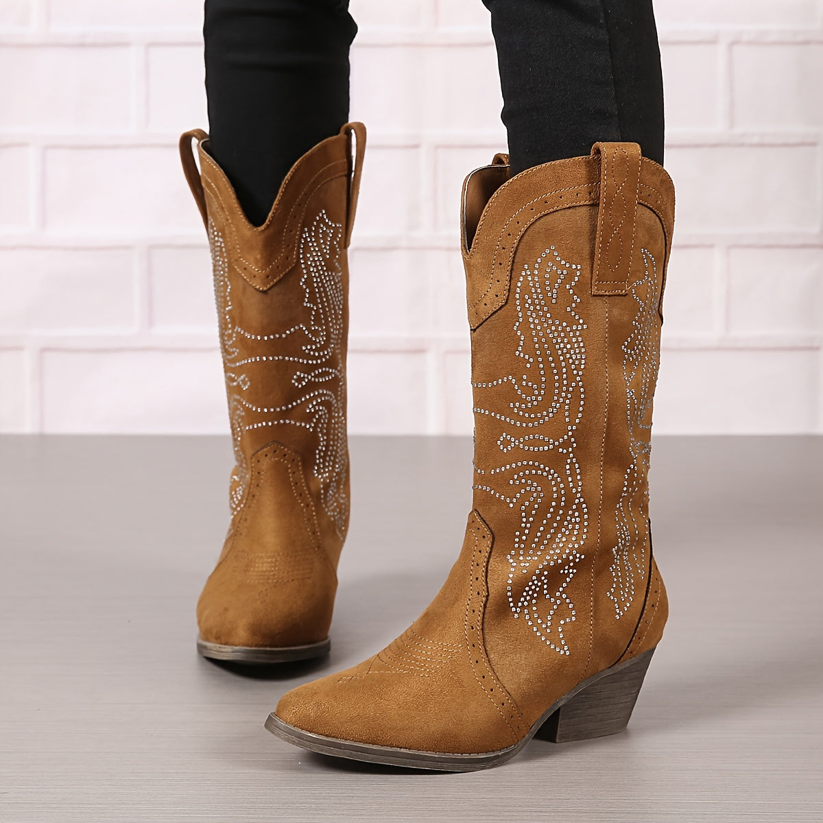 Women’s Mid-Calf Western Boots Fabric Floral Pointed Toe Winter