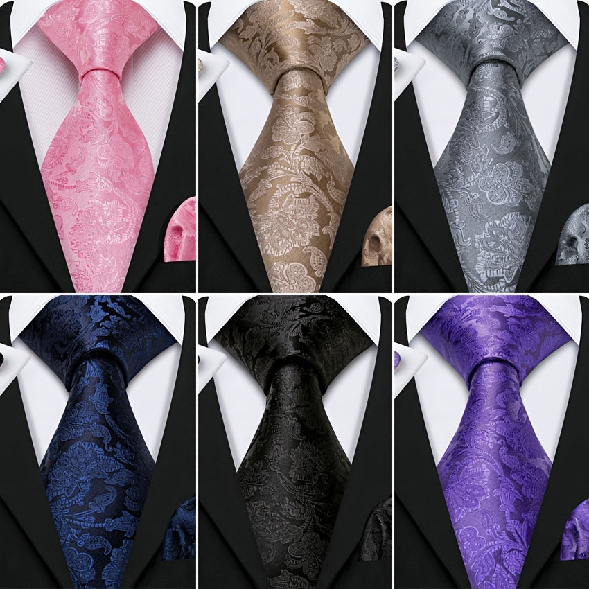 Men's Floral Woven Tie Set with Cufflinks and Handkerchief for Wedding or Formal Events