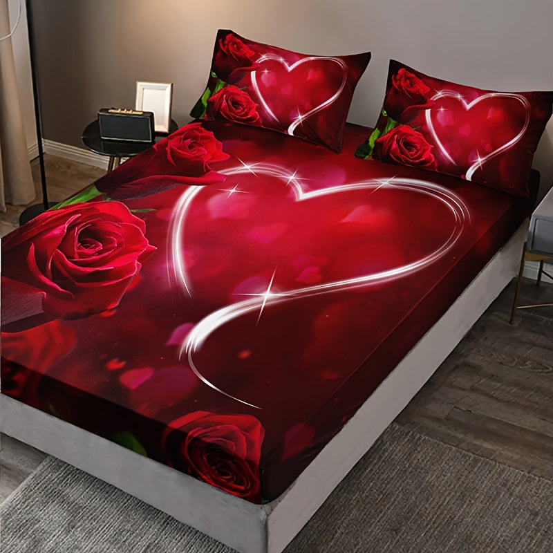 Romantic Rose Love Print Fitted Sheet Set 3 Piece Bedding Soft Breathable