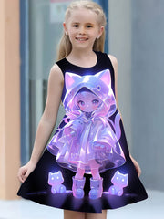 Girls Sleeveless Cat Print Dress Casual Animal Pattern Sundress for Kids