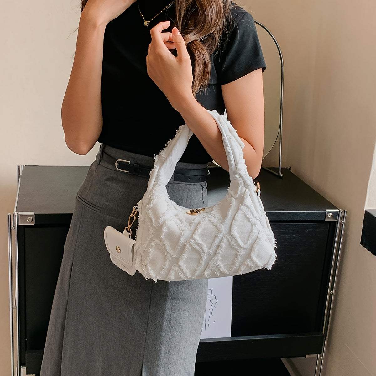 Light Blue Denim Shoulder Bag with Diamond Pattern and Fringe Detail