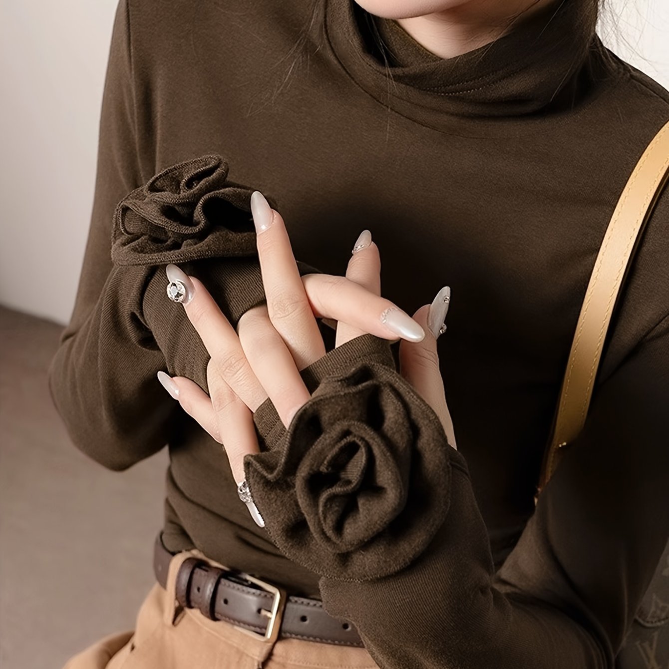 Women's High-Neck T-Shirt with 3D Floral Embellishments Polyester Knit Long Sleeve Solid Color Regular Fit