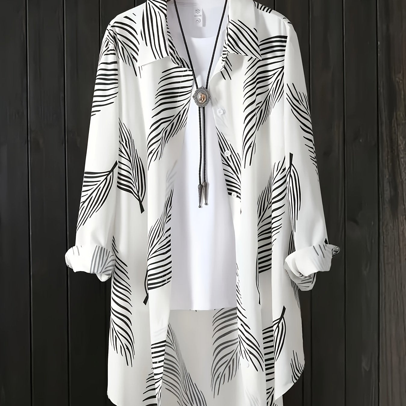 Women's Plus Size Printed Button-Up Shirt with High-Low Hem and Rolled Sleeves