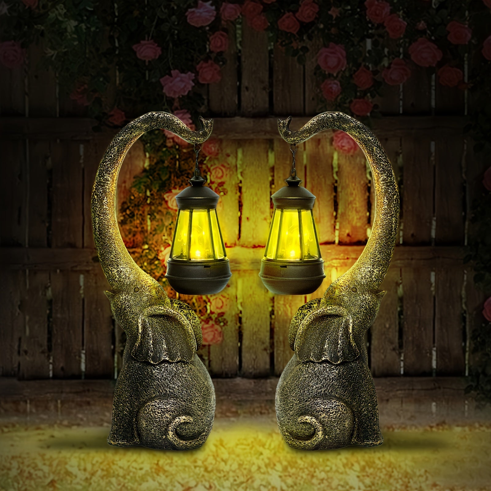 Solar-Powered Elephant Garden Lights Rustic Resin Outdoor Sculpture with Black Metal Lanterns