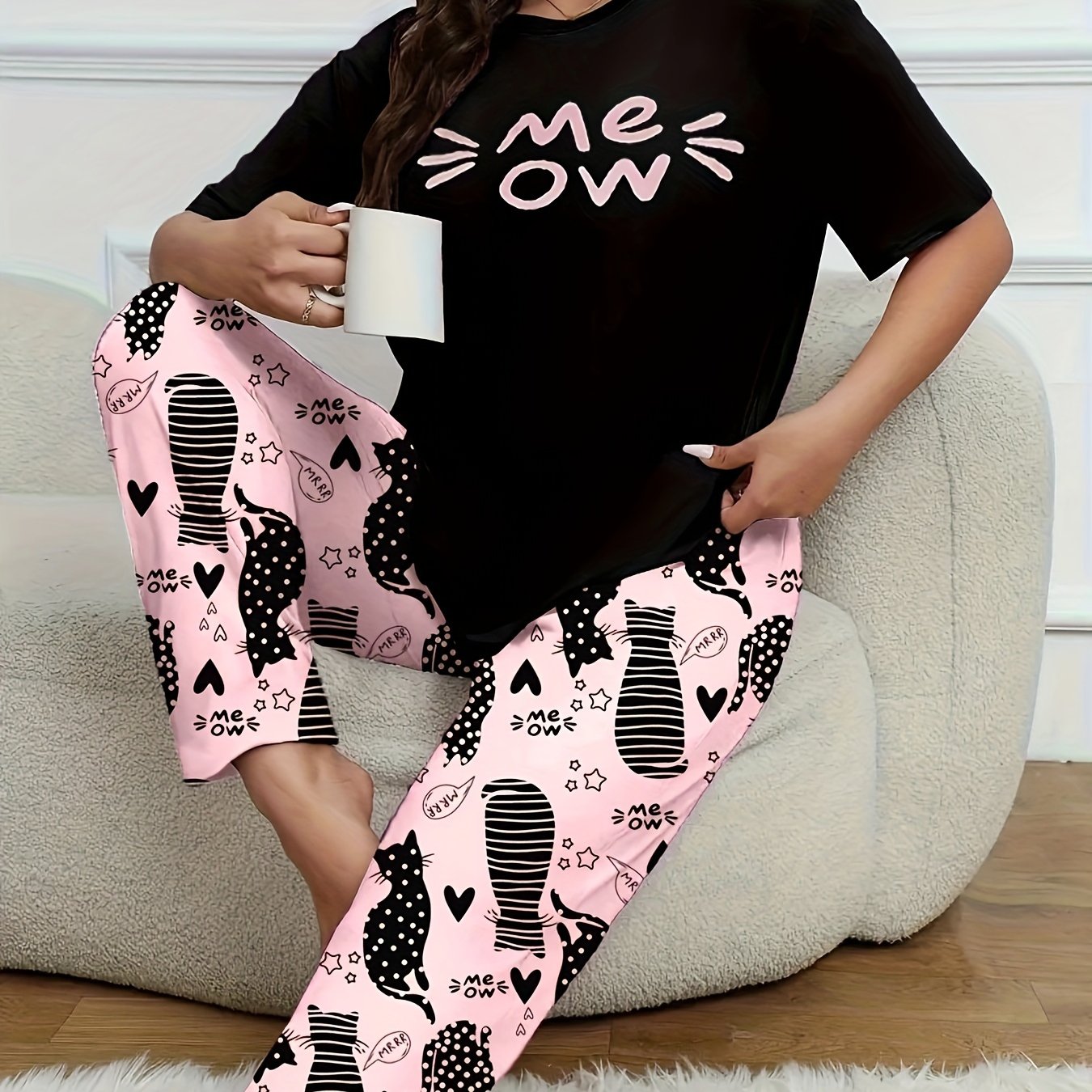 Ayollar uchun katta o'lchamdagi multfilm mushuk bosma pijama to'plami, qisqa qo'lqopli dam olish uchun