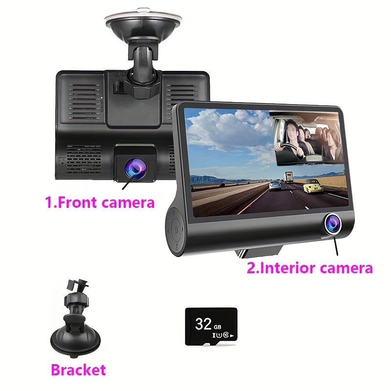 Dual Dash Cam with Front and Rear HD Night Vision 720p Interior Camera Suction Mount