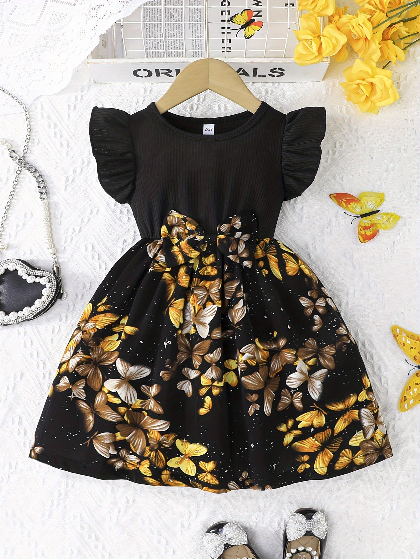 Girls A-Line Midi Dress with Floral Print Ruffle Sleeves and Bow Detail for Spring Fall Outdoor Activities