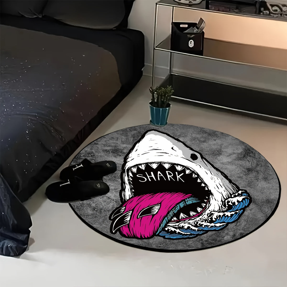 Shark Cartoon Round Area Rug Soft Knit Non-Slip Polyester Indoor Home Decor