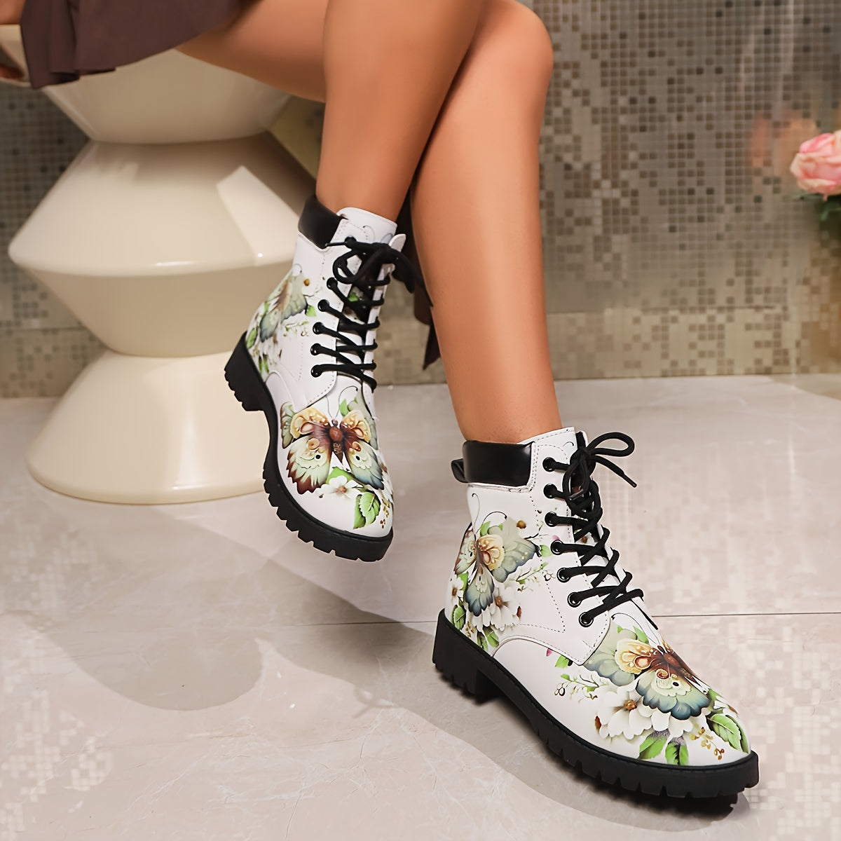 Women’s Western Ankle Boots Floral Insect Print Non-Slip Cushioned Yellow Black