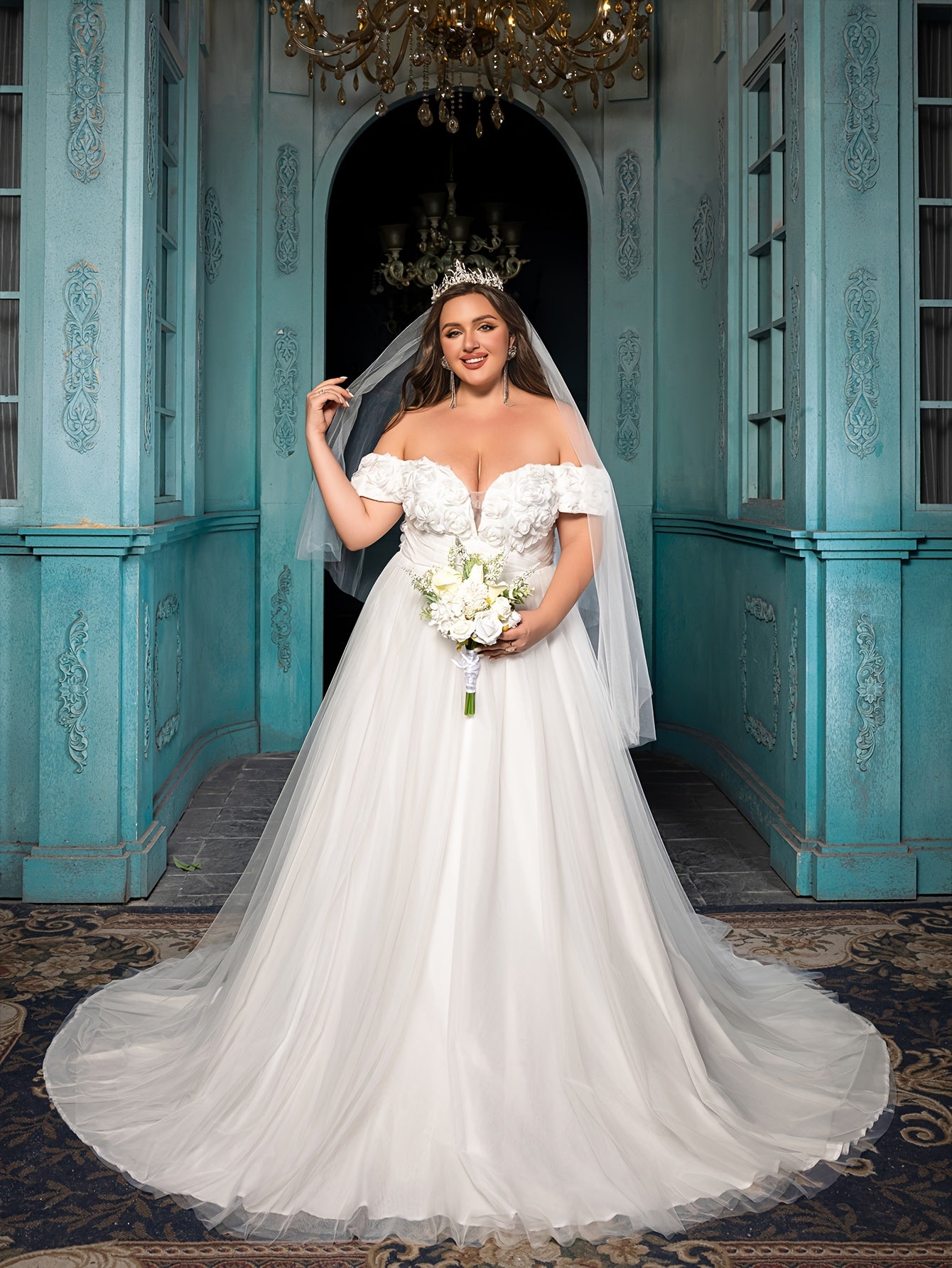 Plus Size Off Shoulder Wedding Dress A-Line Bridal Gown Ruffled Sleeves