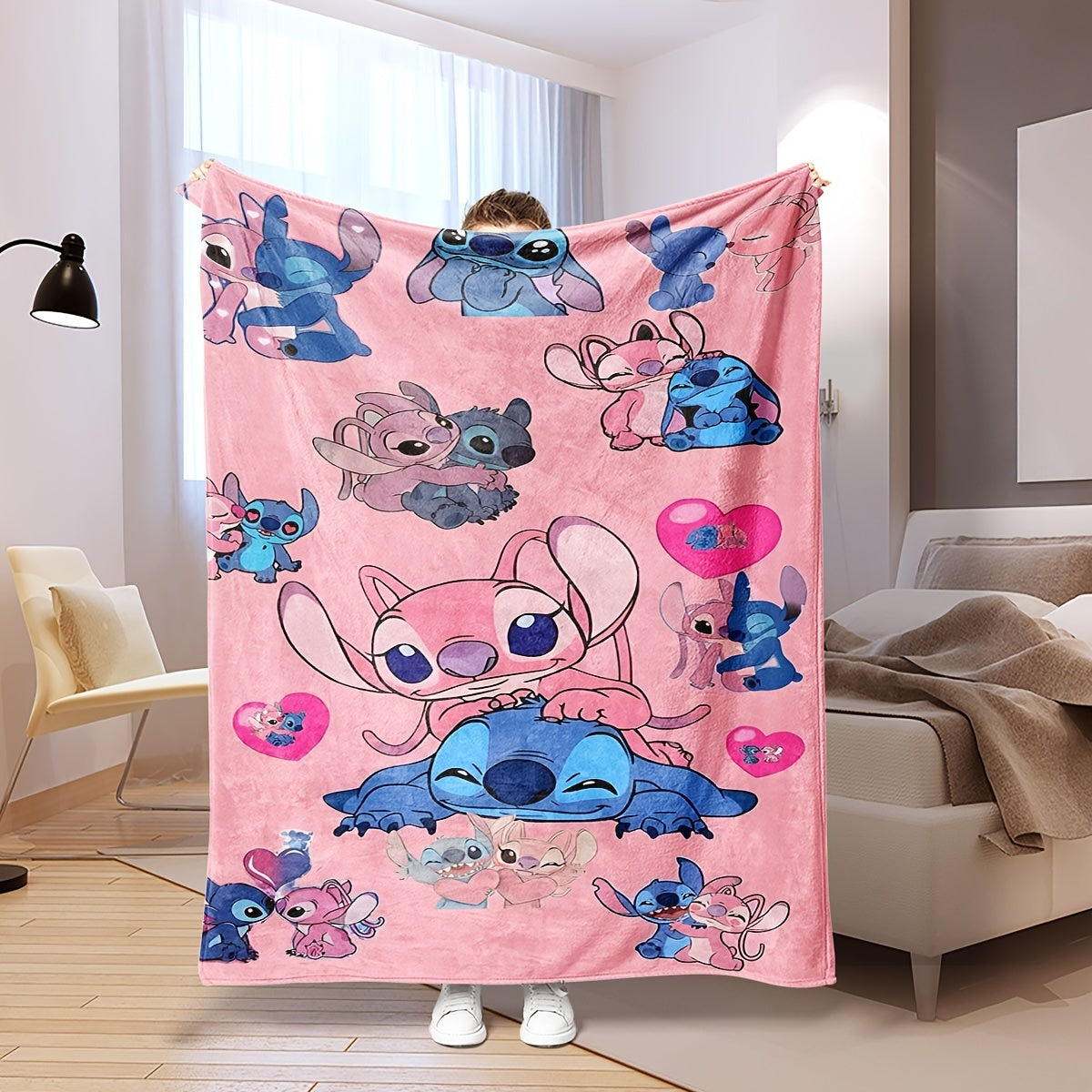 Pink Heart Stitch Cartoon Blanket Multi-Functional Knit Polyester Throw for Bedroom Couch Car
