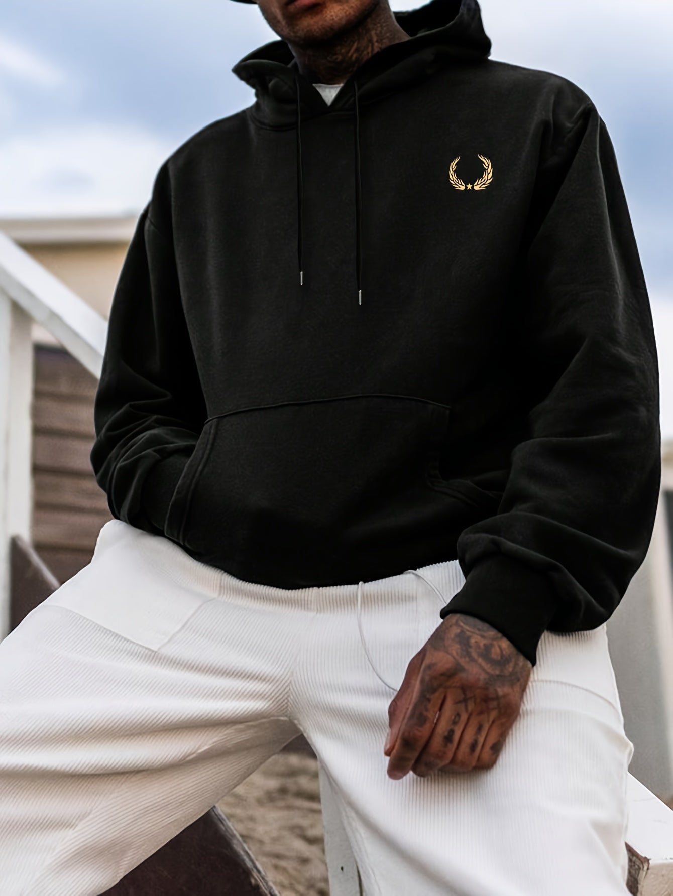 Plus Size Casual Hoodie with Wheat Ear Print 100% Polyester Hooded Knit Fabric