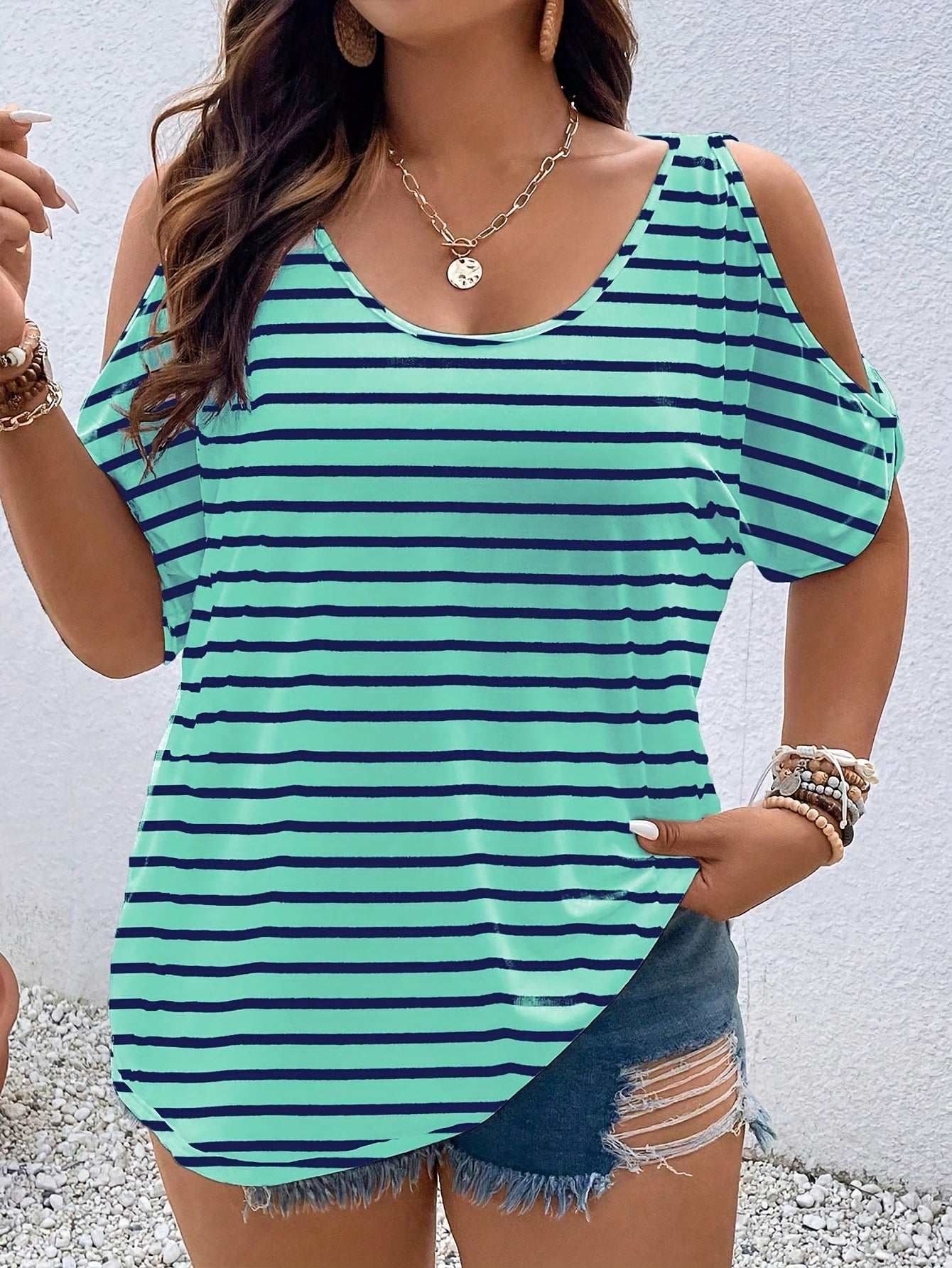 Plus Size Women's Off-Shoulder Striped Casual T-Shirt