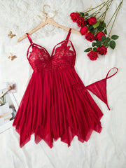 Women's Floral Lace Nightdress with Mesh Contrast V-Neck Backless Asymmetric Hem and Thongs