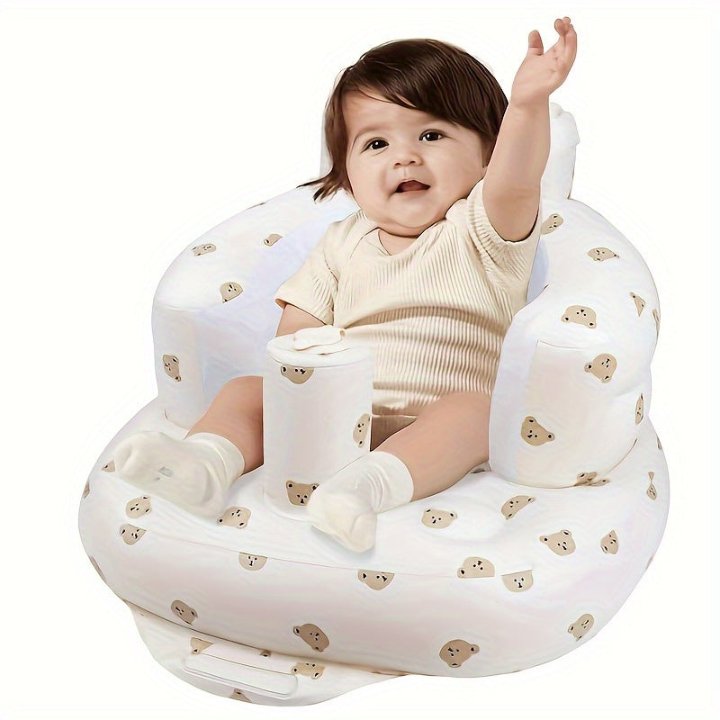 Inflatable Baby Seat with Back Support White Bear Design Toddler Floor Seat for Sitting Up