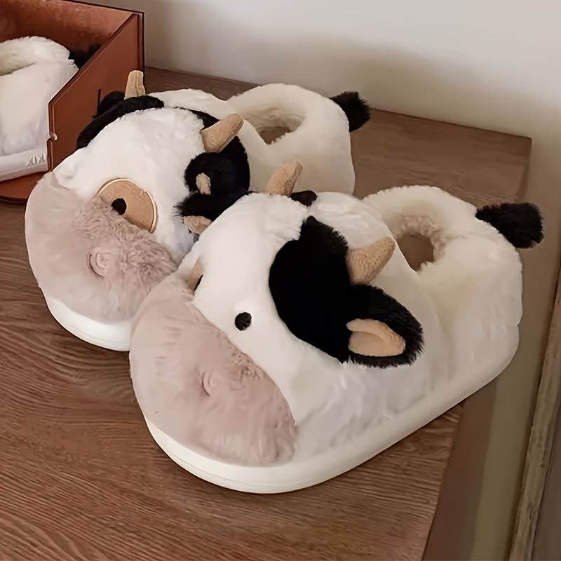 Unisex Plush Cow Slippers, Slip-On Indoor Shoes, Winter Comfortable