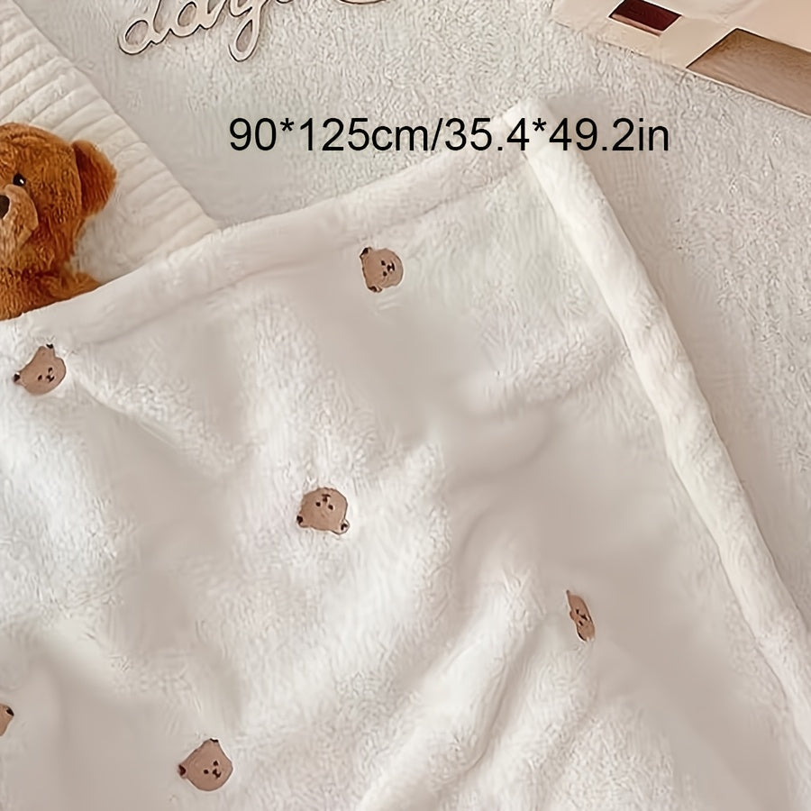 White Soft Polyester Baby Blanket with Embroidered Bear Design