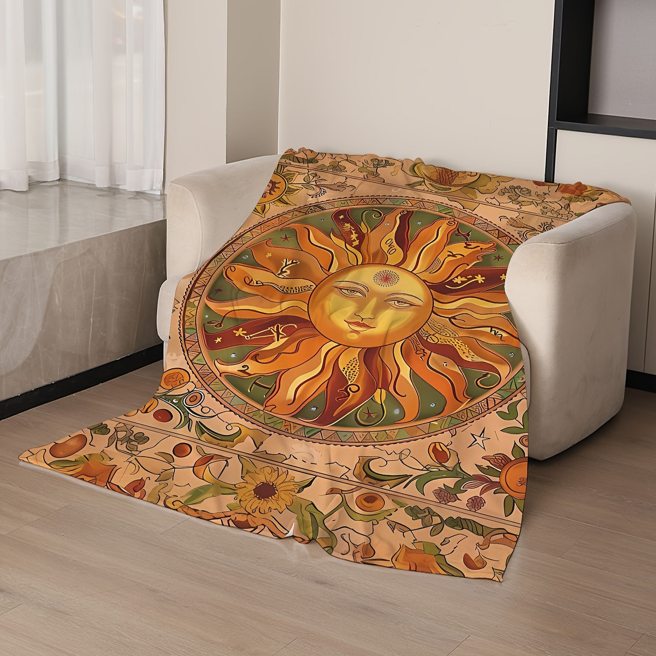 Sun Pattern Print Throw Blanket with Abstract Design Soft Plush Polyester for Sofa Bed Travel