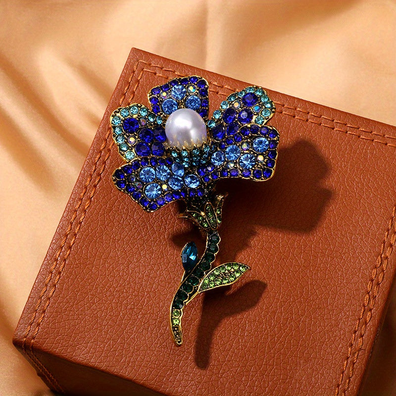 Women's Rose Brooch Pin with Rhinestones Faux Pearl and Tassel Stylish Floral Lapel Pin for Winter Jackets