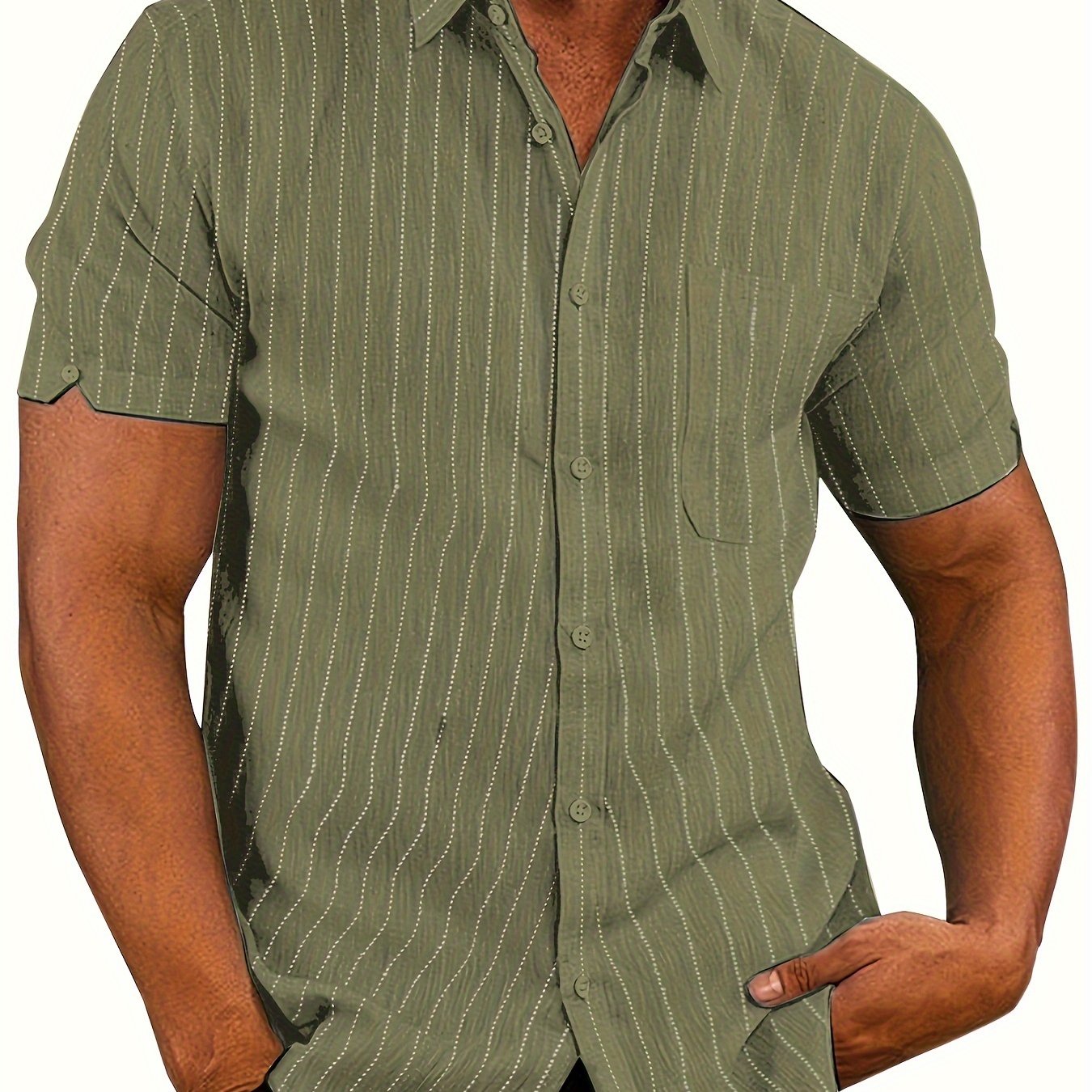 Camisa de hombre a rayas azul claro con botones, poliéster, manga corta, casual, para todas las estaciones