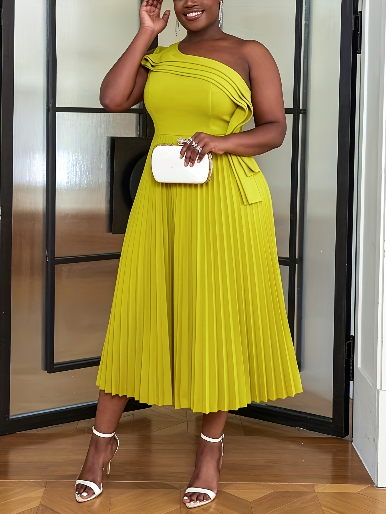 Plus Size One-Shoulder Pleated Midi Dress Polyester Elastane Solid Color Flare Suitable for All Seasons