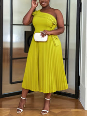 Plus o'lchamli bitta yengli pleated midi kiyim polyester elastan to'liq rangli kengaytirish barcha fasllar uchun mos