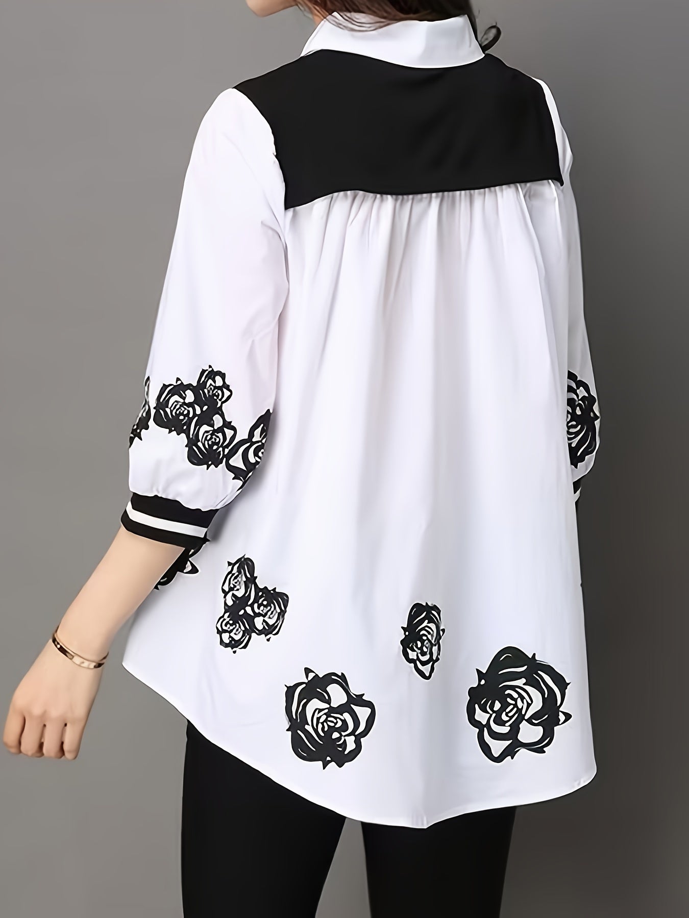 Women's White and Black Chiffon Shirt with Floral Print and Polo Collar