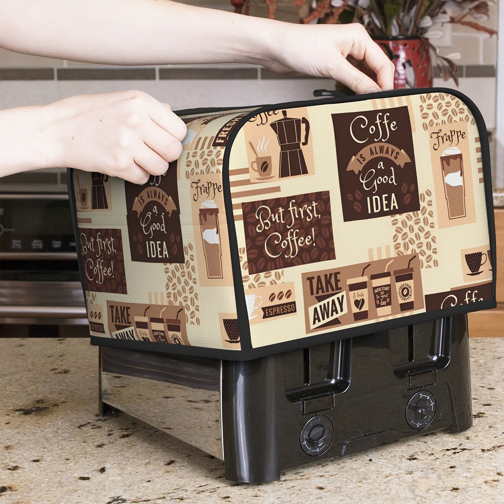 Coffee Themed Toaster Oven Dust Cover Washable Durable Kitchen Appliance Protector 2 or 4 Pack