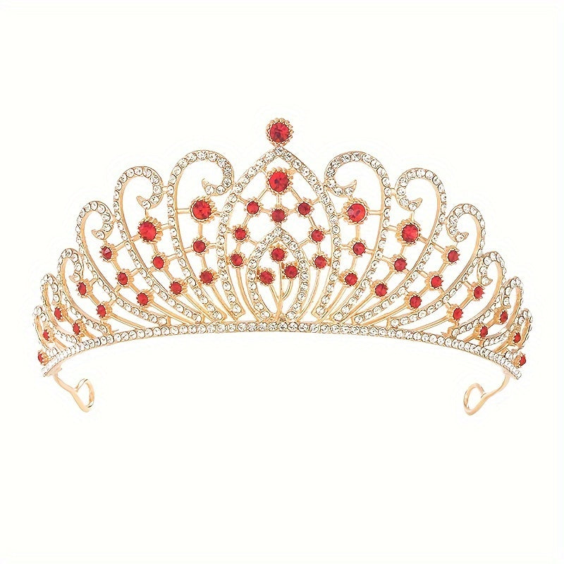 Bridal Tiara with Red Rhinestones and Crystals Vintage Alloy Wedding Crown Headband for Brides