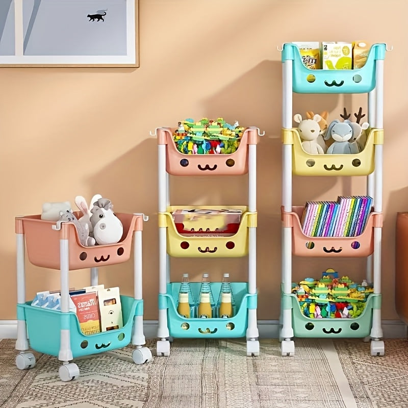 Cartoon-Inspired Tiered Plastic Storage Cart with Wheels for Toys and Snacks